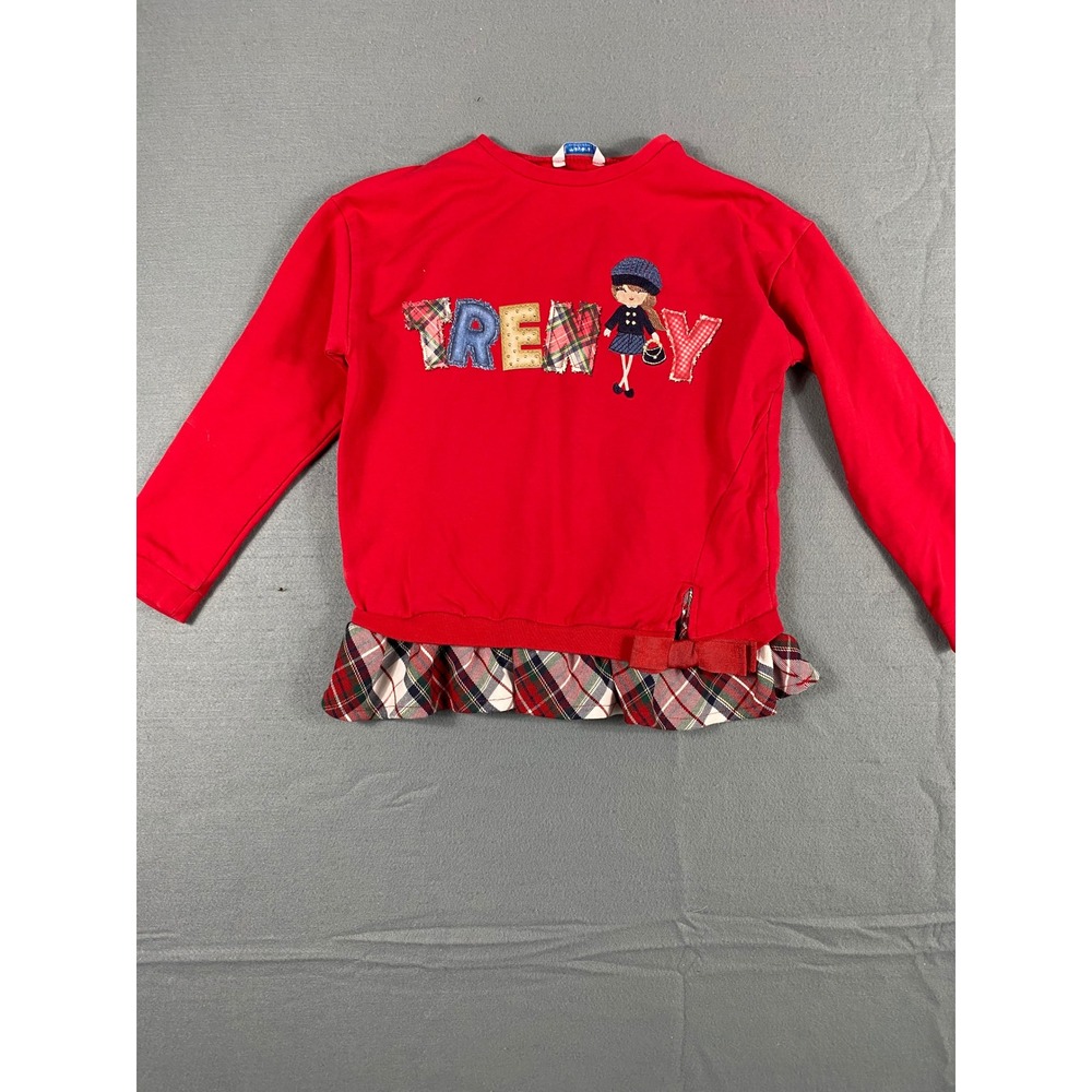 Mayoral Girls Sweatshirt Size 8 Red Polyester Blend Plaid Ruffle Applique